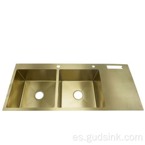 fregadero de cocina de doble tazón hecho a mano de oro